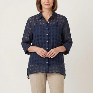 Puro Lino Navy Blue 100% Linen Sheer Check Button Down Shirt Made in Italy Sz M